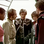 Dayna, Vila, Avon, Cally and Tarrant at the teleport bay