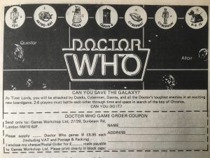 Doctor Who game advert with TARDIS and Daleks images across the top