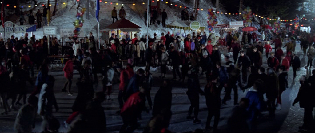 Skiers within the Christmas village