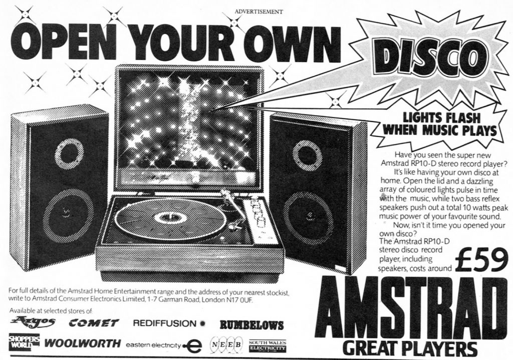 Open your own disco amstrad ad with image of record player