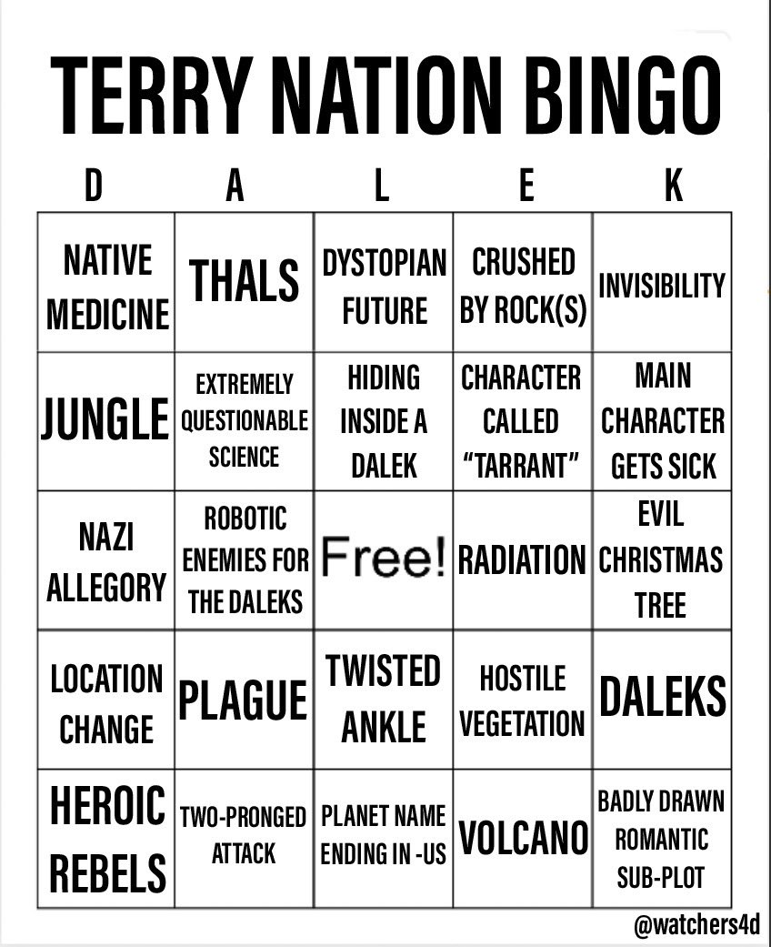 terry nation bingo card with squares listing items such as dystopian future, crushed by rocks, main character gets sick, plague, nazi allegory, twisted ankle