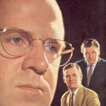 A large close up of Philip Stone overlayed against two medium shots of Gerald Flood and Glyn Owen