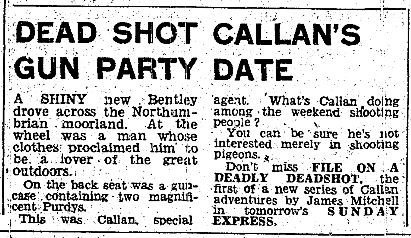 newspaper clipping with headline Dead shot Callan's gun party date