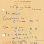 allsopp, brindle and boyd receipt for Mr Harrison. one pinstripe shirt at 37 guineas, one pair of trousers at 13 guineas, two pairs of trousers at 12 guineas each