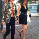 george harrison with pattie boyd in 1967. he wears a william morris patterned blazer