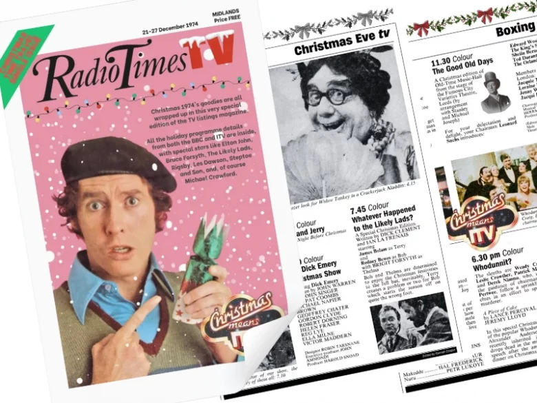 Radio Times TV guide cover with Frank Spencer pointing to one half of a cracker. 2 other magazine pages show content from Christmas Eve and Boxing Day
